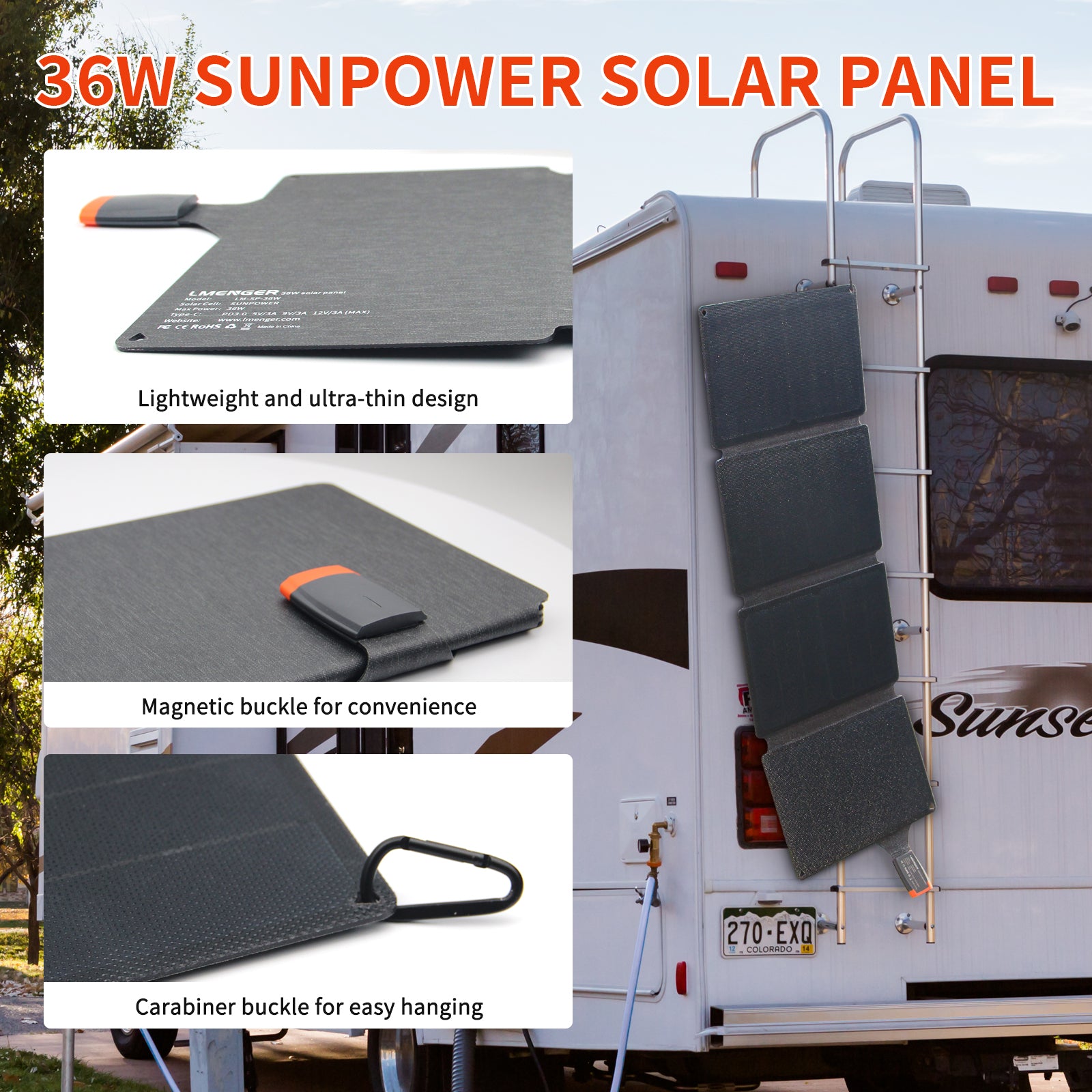 LMENGER 36W Portable Sunpower Solar Panel, Foldable Solar Charger, IP65 Waterproof, Compatible with iPhone, iPad, Samsung Galaxy for Outdoor Activities